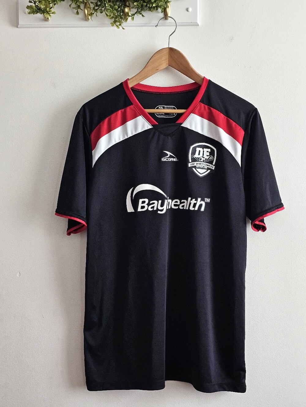Score Bayhealth DE Turf Sports Complex Soccer Jersey Adult AXL Black Red Polyest